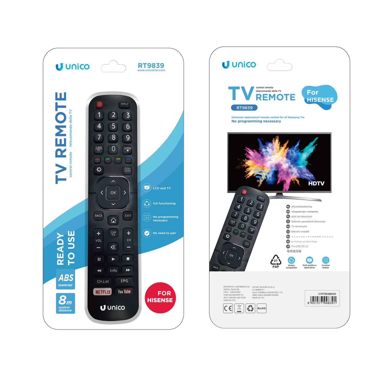 Unico RT9839 Mando a distancia para TV Hisense